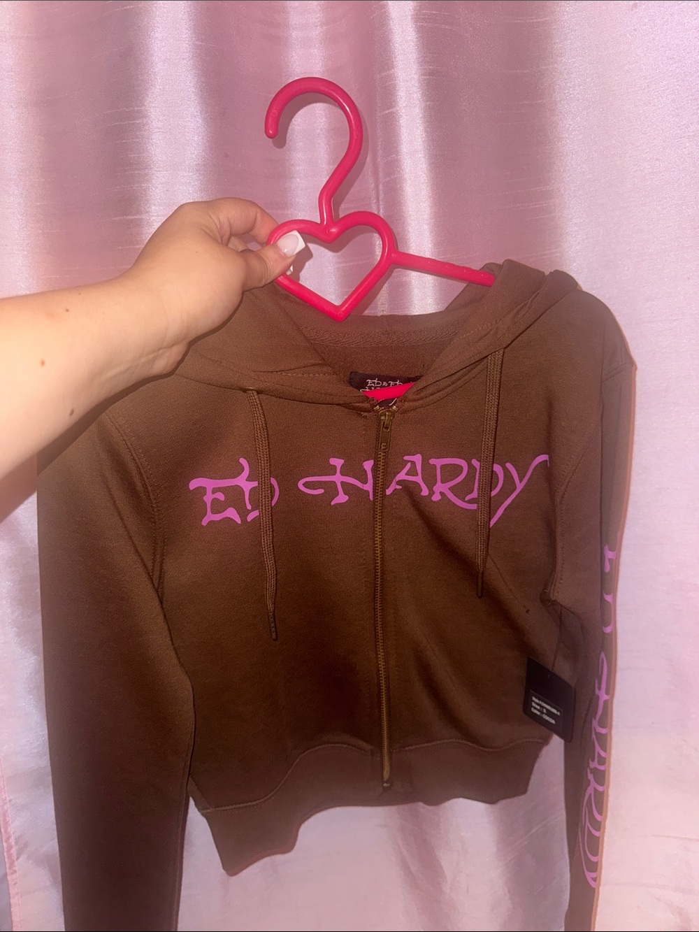 Ed Hardy Brown Hoodie with Pink Logo Zip-Up